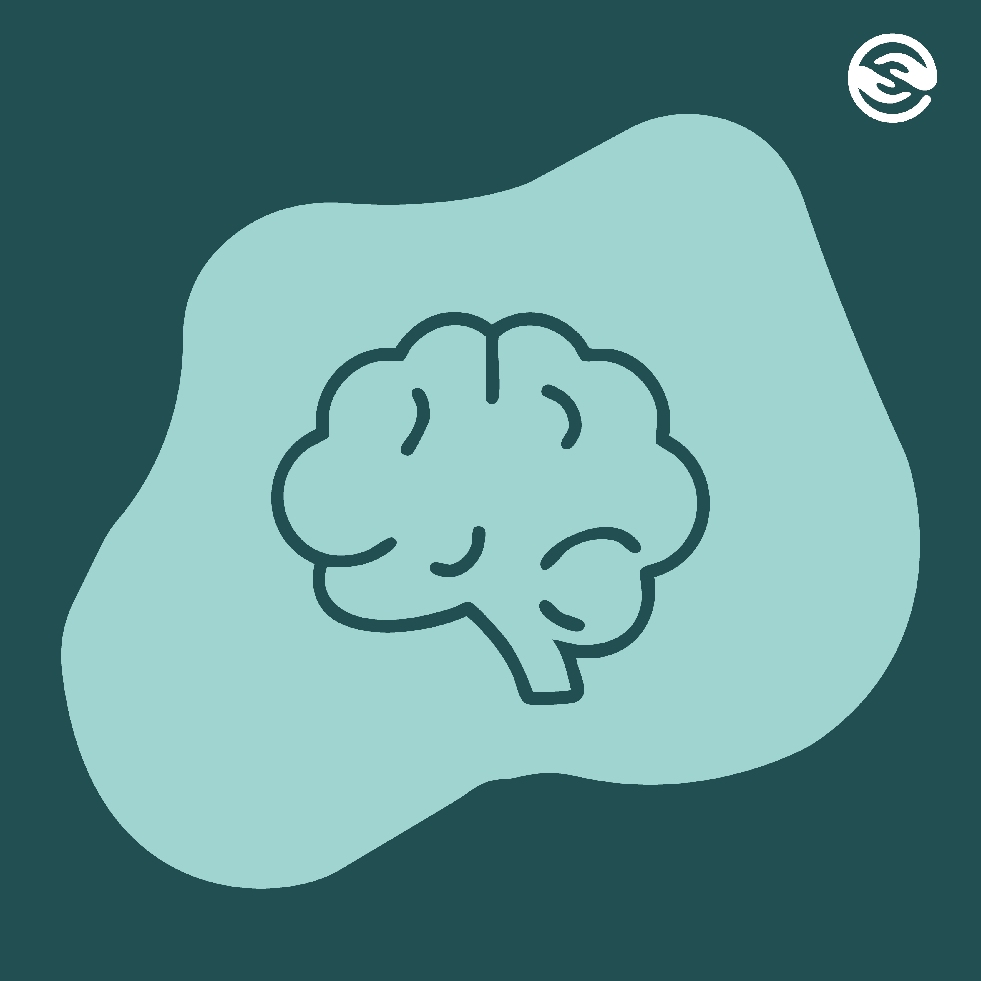 Simple line drawing of a brain inside an irregular teal shape on a dark teal background.
