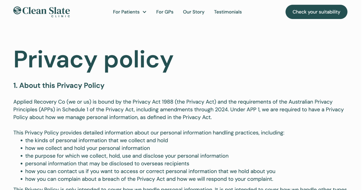 Privacy Policy | Clean Slate Clinic