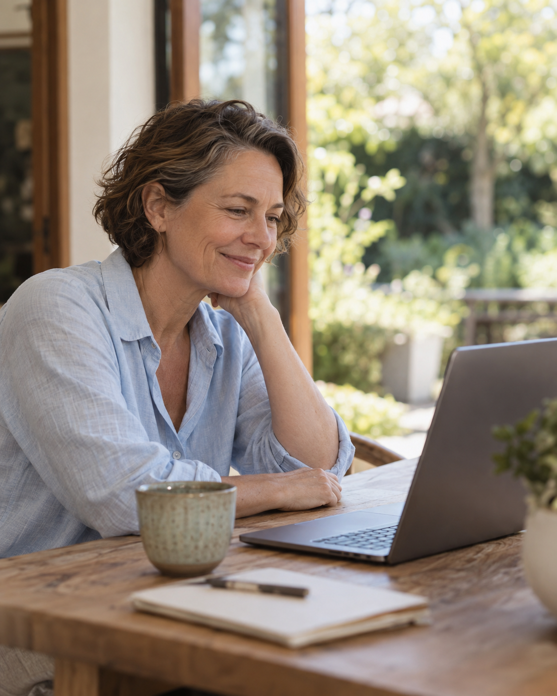 Illustrative image of a woman having a video consultation at home