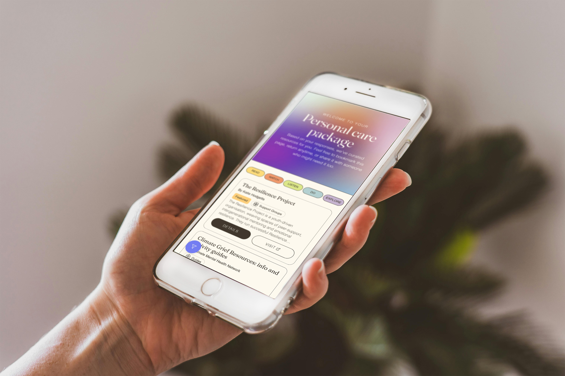Mobile interface displaying a “Personal Care Package” webpage with a gradient background. The screen features colored tags for topic types. Layout is clean and touch-friendly, designed for accessible navigation and quick resource access.