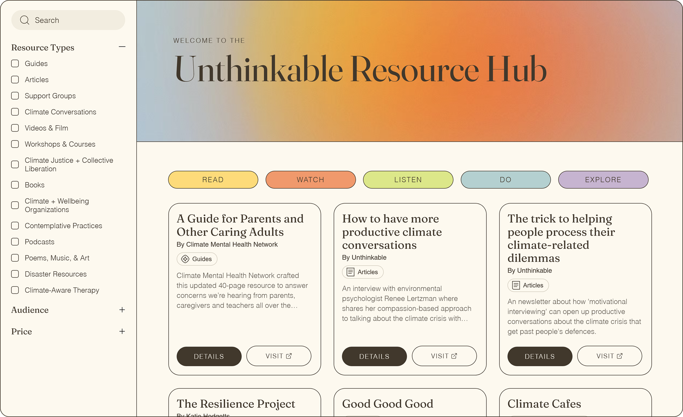 Webpage titled “Unthinkable Resource Hub” with a gradient background and organized layout. Left sidebar lists resource categories like Guides, Support Groups, Climate Conversations, Podcasts, and Climate-Aware Therapy, plus a Price filter. Main content area features a welcome message, navigation buttons labeled READ, WATCH, LISTEN, DO, and EXPLORE, and resource cards with titles, descriptions, and “DETAILS” buttons. Featured resources include guides for parents, climate conversation tips, and emotional support strategies.