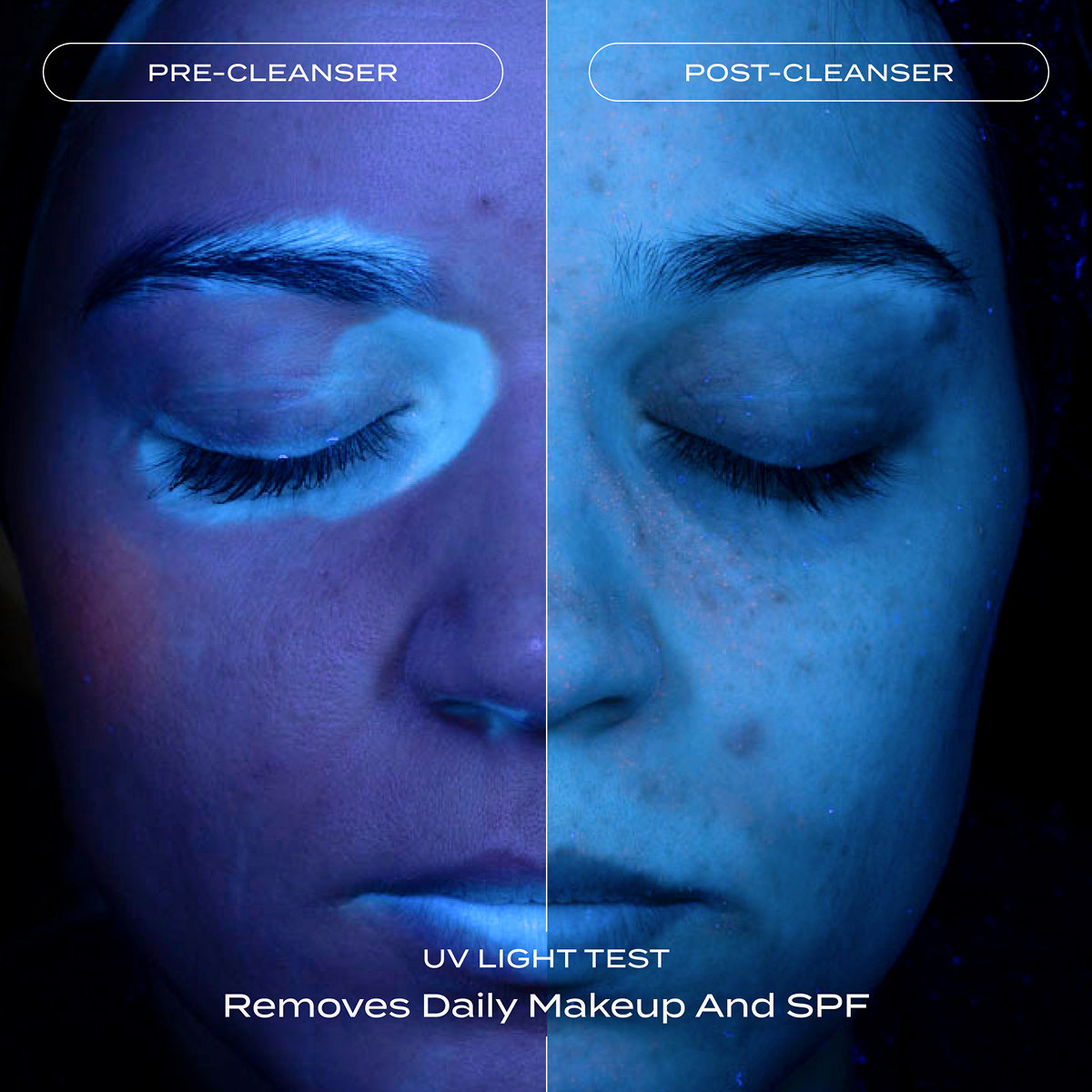 Split-screen UV visualization with high-contrast glow; reveals hidden residue and post-cleanse clarity through a clinical yet poetic lens.