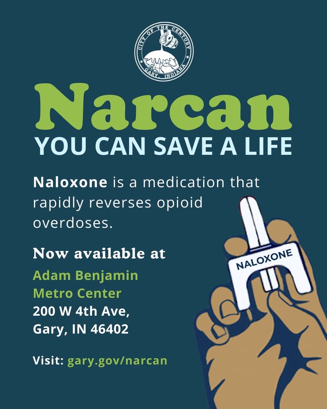 Narcan - you can save a life. Available at the Gary, IN Metro Station.