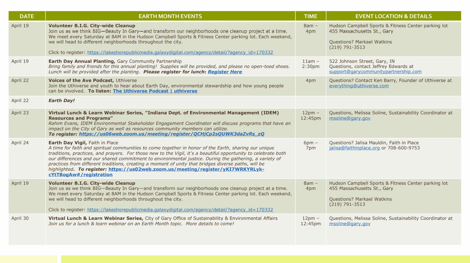 2025 Earth Month Calendar of Events