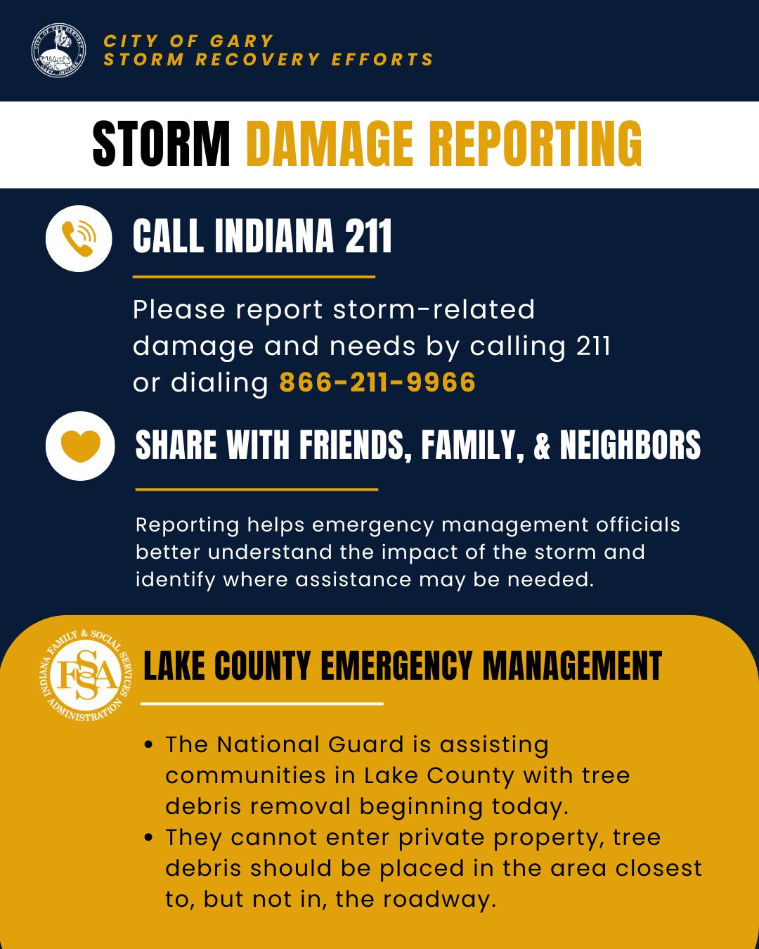 Report storm damage via the Gary 311 App.