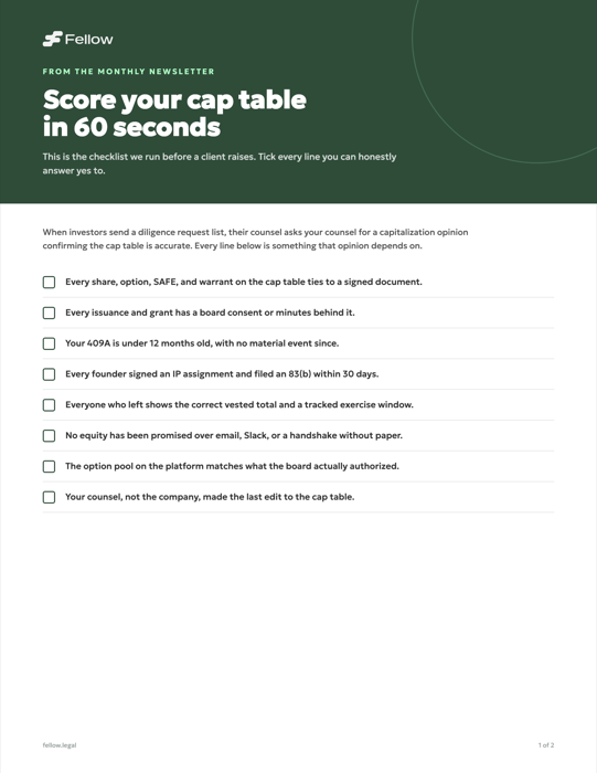 Cover of the Fellow cap table checklist