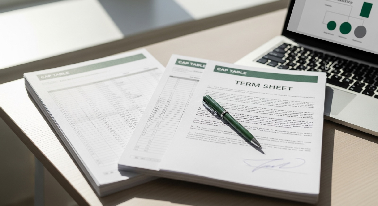 Printed cap table pages and a signed term sheet on a desk beside a laptop showing an ownership chart