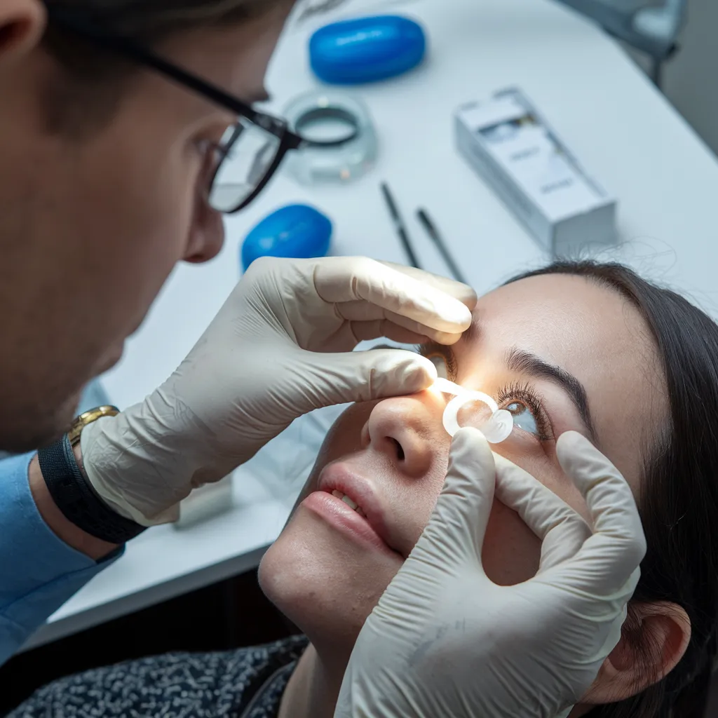 a photo of an optician carefully fitting contact lenses