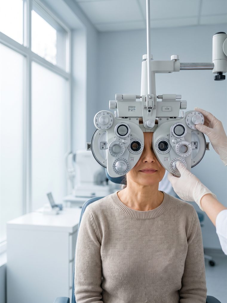 A patient undergoing refraction testing at a phoropter during a comprehensive eye exam in Miami