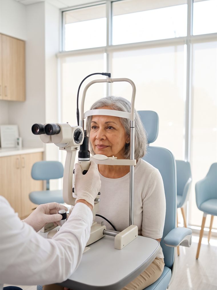 An optometrist examining a patient's eyes with a slit lamp during a contact lens evaluation.