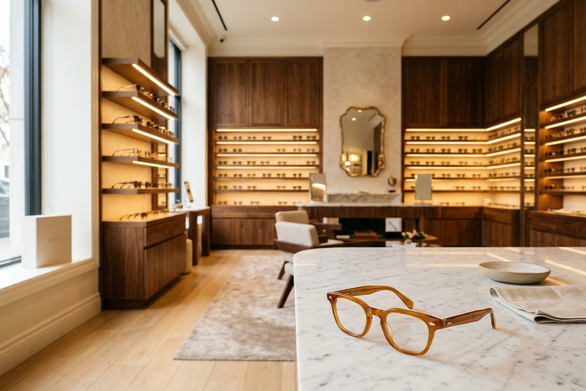 Backlit display shelves of designer eyeglass frames in the North Dade Optometry optical boutique