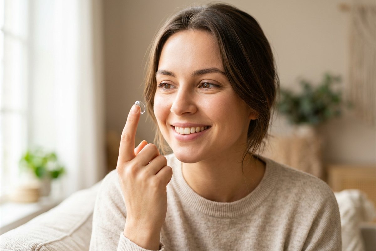 A smiling patient holding a soft contact lens on her fingertip after a lens fitting at North Dade Optometry