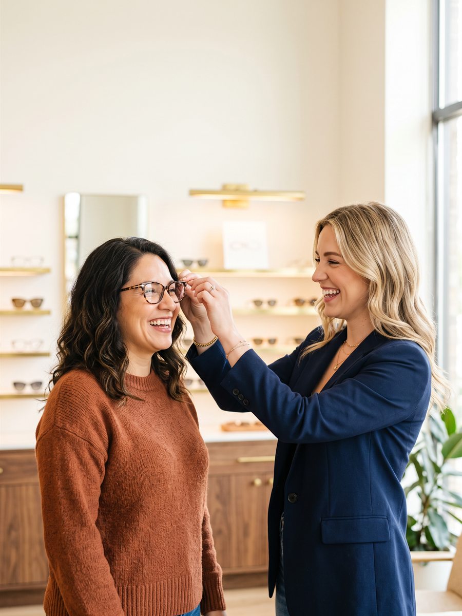 An optician helping a smiling patient try on designer eyeglasses at North Dade Eye Center in Miami