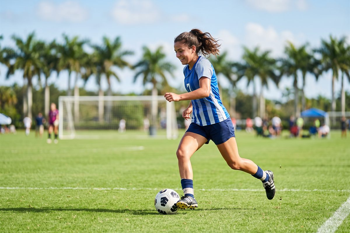 A teenage girl dribbling a soccer ball on a sunny field with palm trees in the distance.