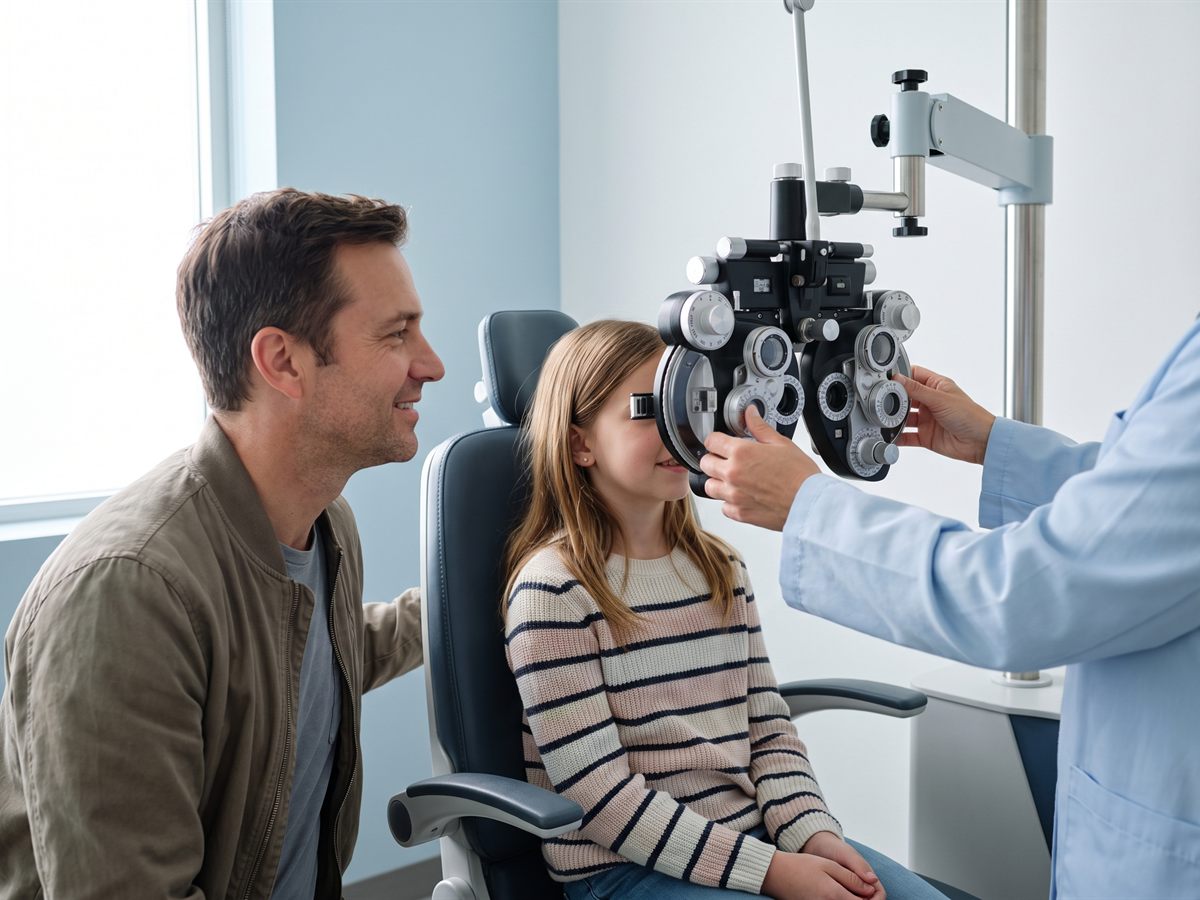 A father sits beside his young daughter at a phoropter during an eye examination.