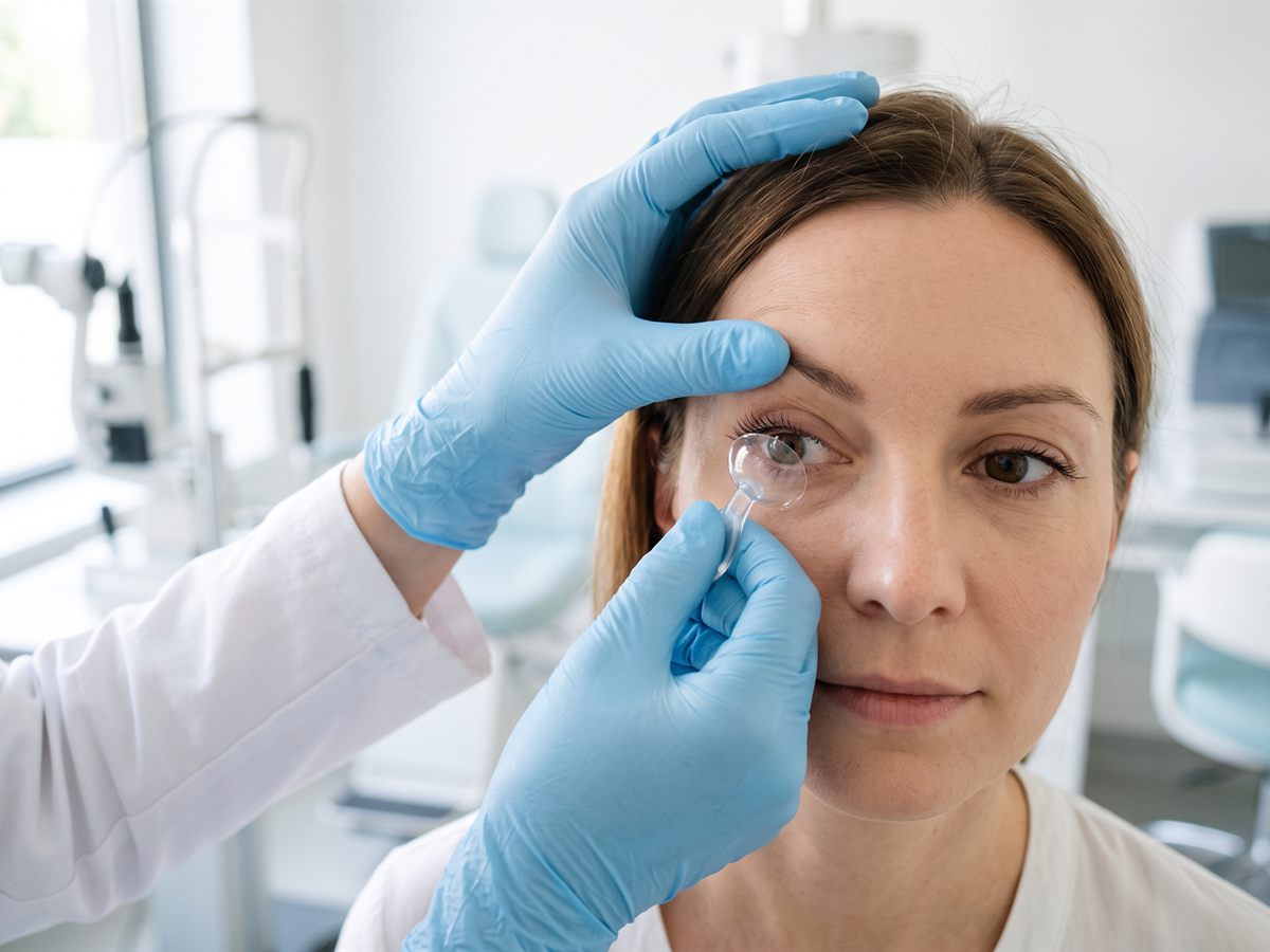 An eye-care professional's hands using a small clear applicator to place a scleral contact lens on a patient's eye during a fitting.