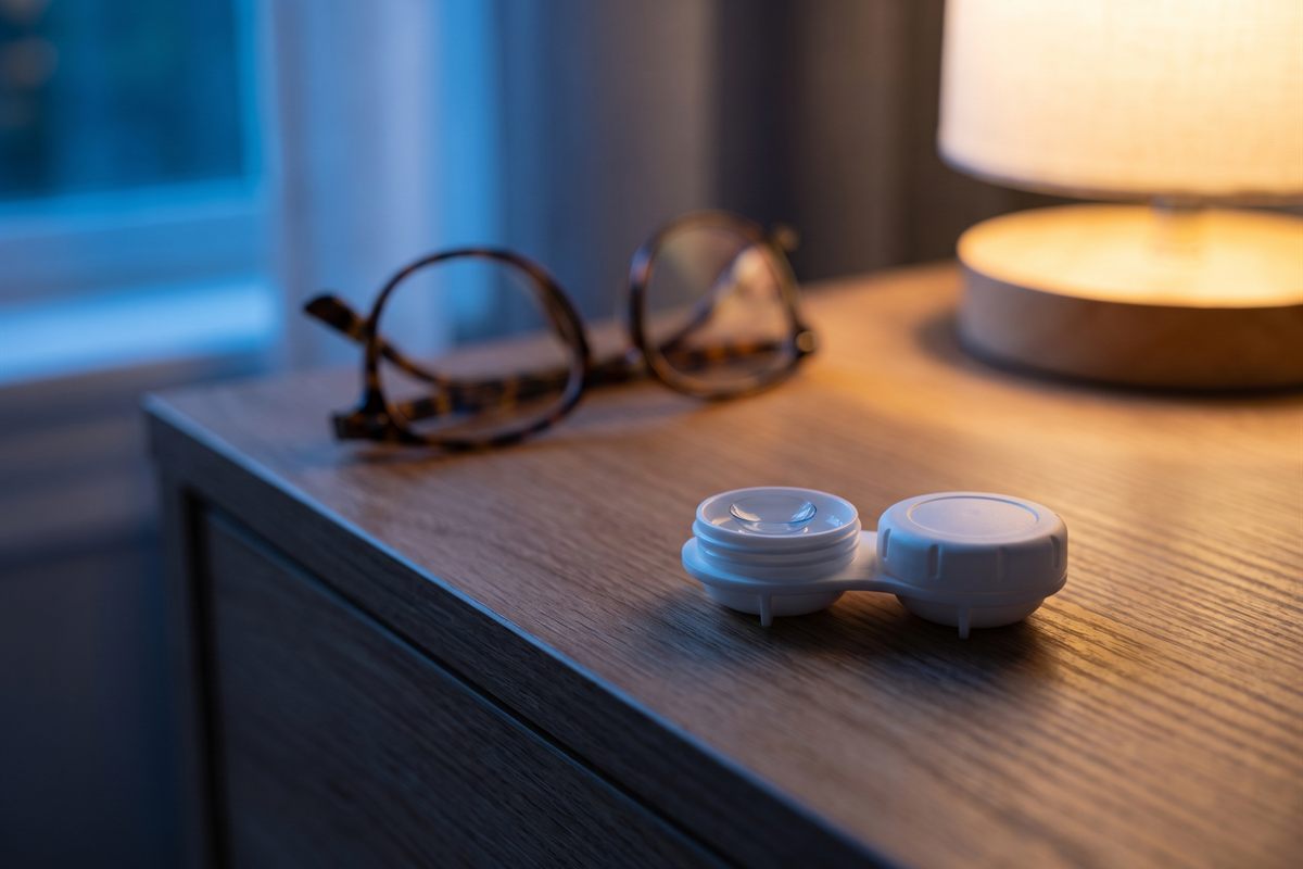 A small rigid orthokeratology contact lens in an open lens case on a nightstand beside a bedside lamp.