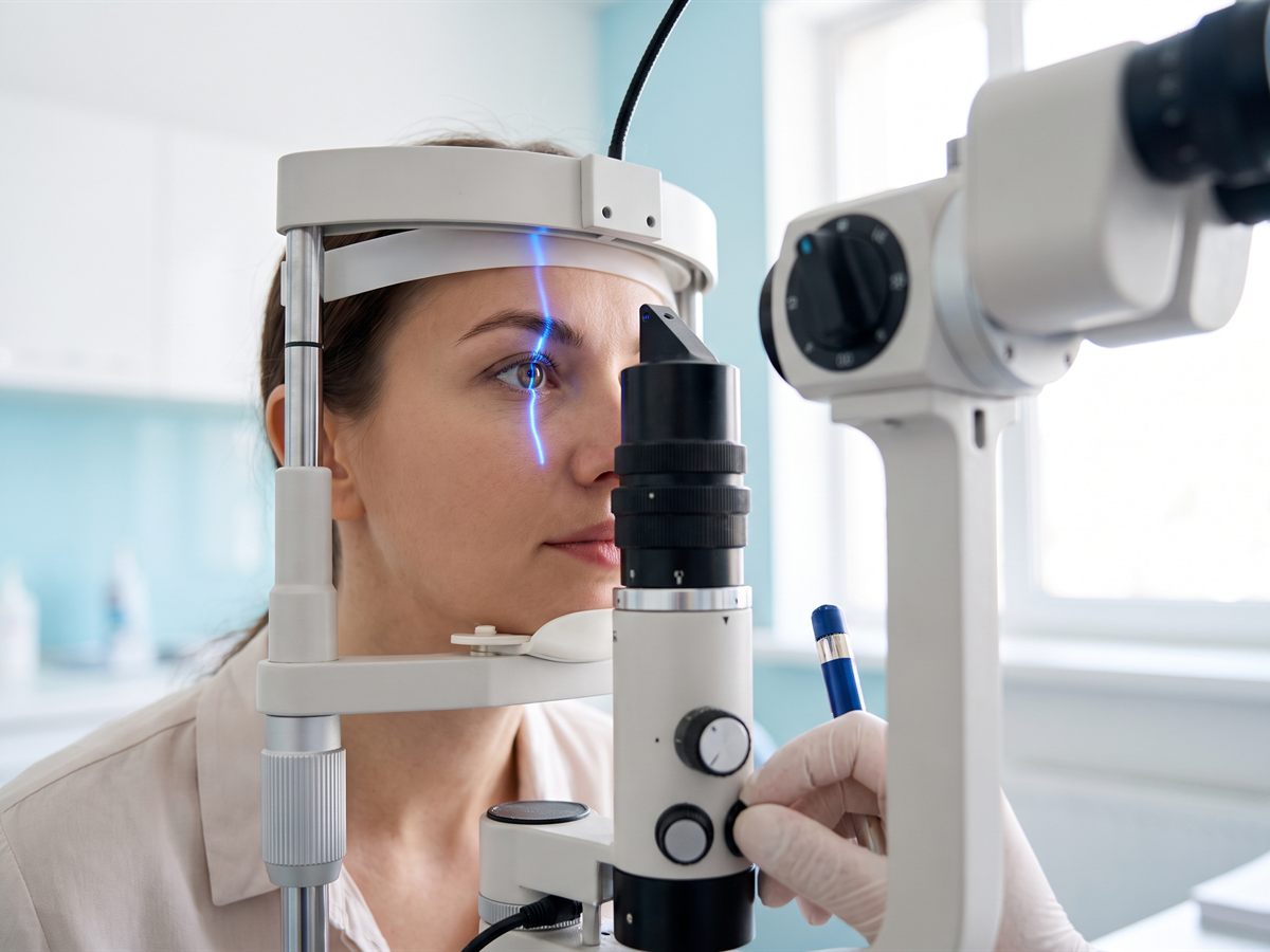 A patient's eye illuminated by the blue light of a slit lamp during a corneal examination.