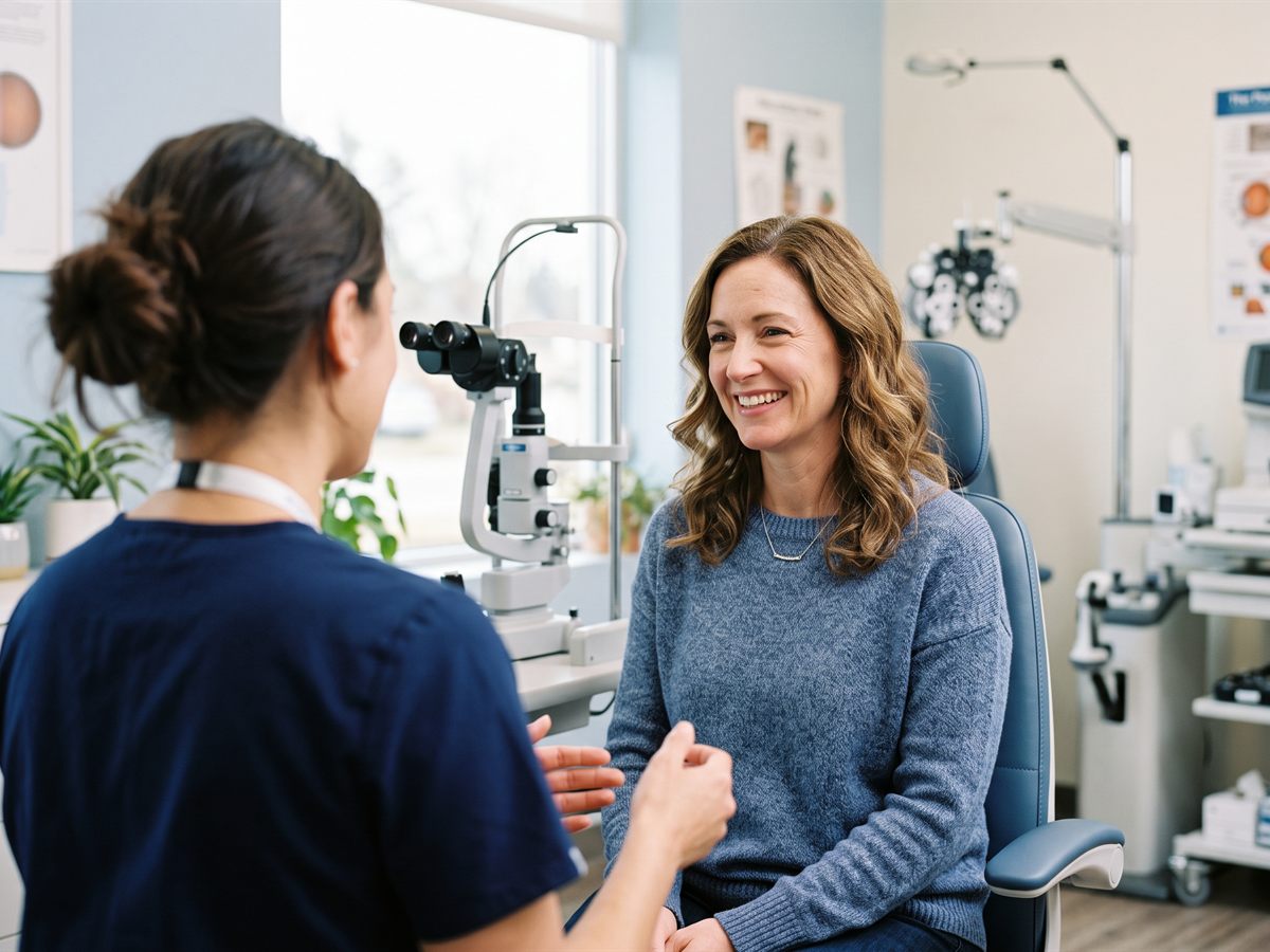 A smiling patient in an exam room talking with an eye-care professional about scleral lenses.