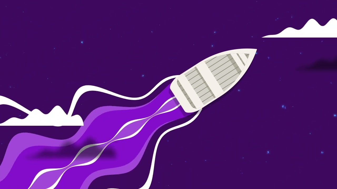 Animation still: a boat with a purple wake flying through a starry night sky