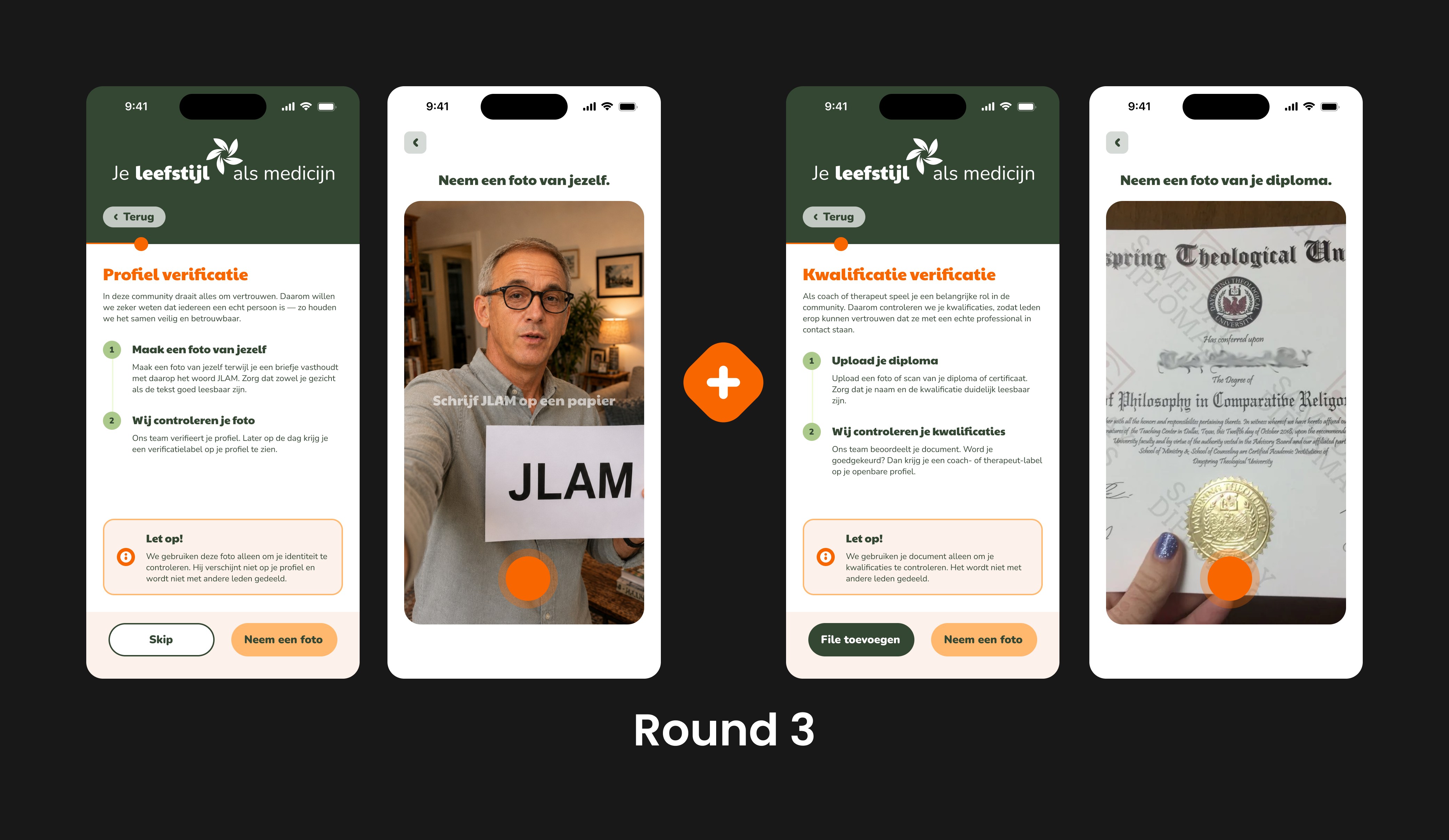Round 3 profile and qualification verification flow, including a real photo check where members write JLAM on paper