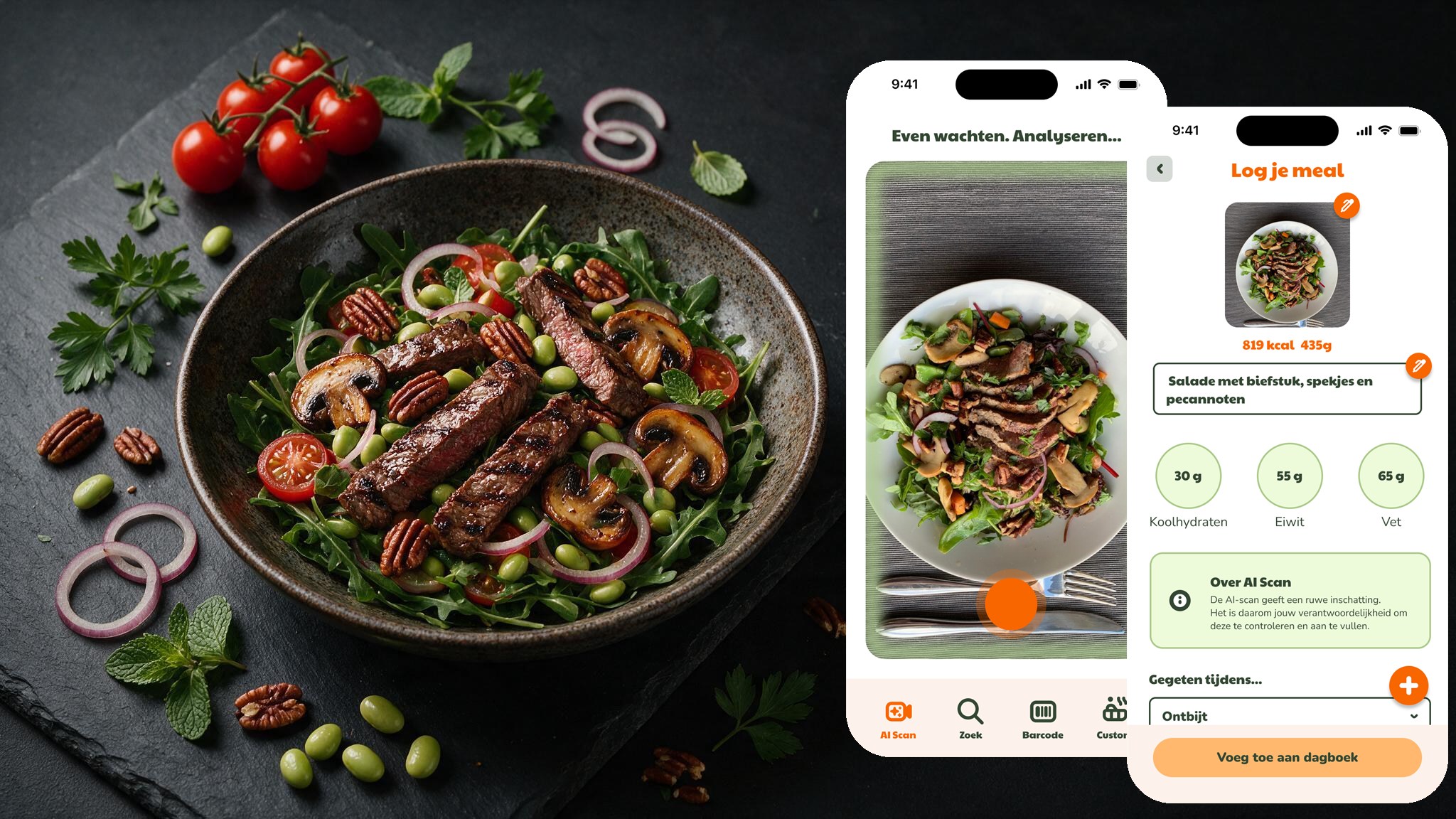 A dark food-photography scene of a steak salad next to two app screens scanning and logging that same meal with AI