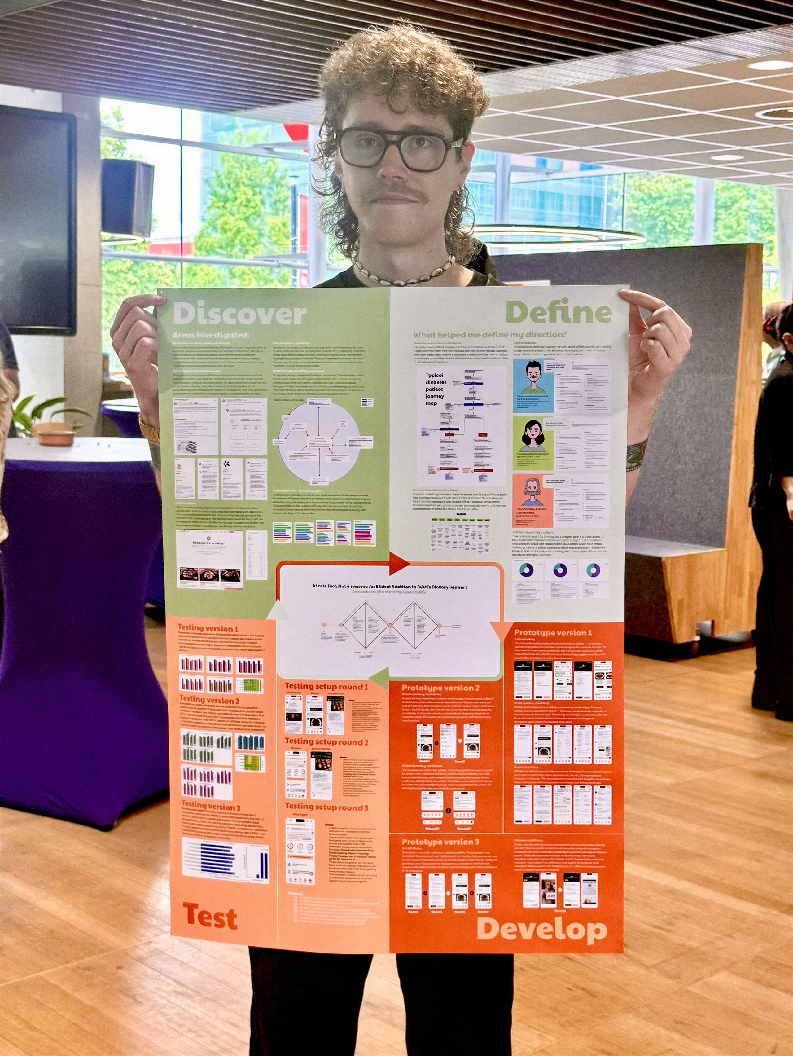 Armandas holding the printed JLAM graduation poster with the Discover, Define, Develop and Test story