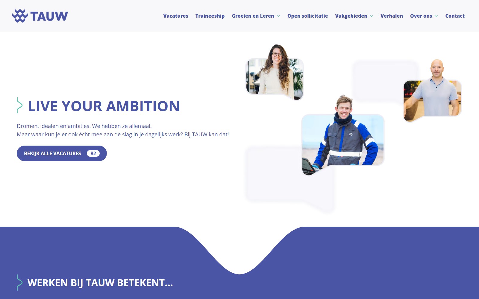The Werken bij TAUW homepage in a laptop mockup
