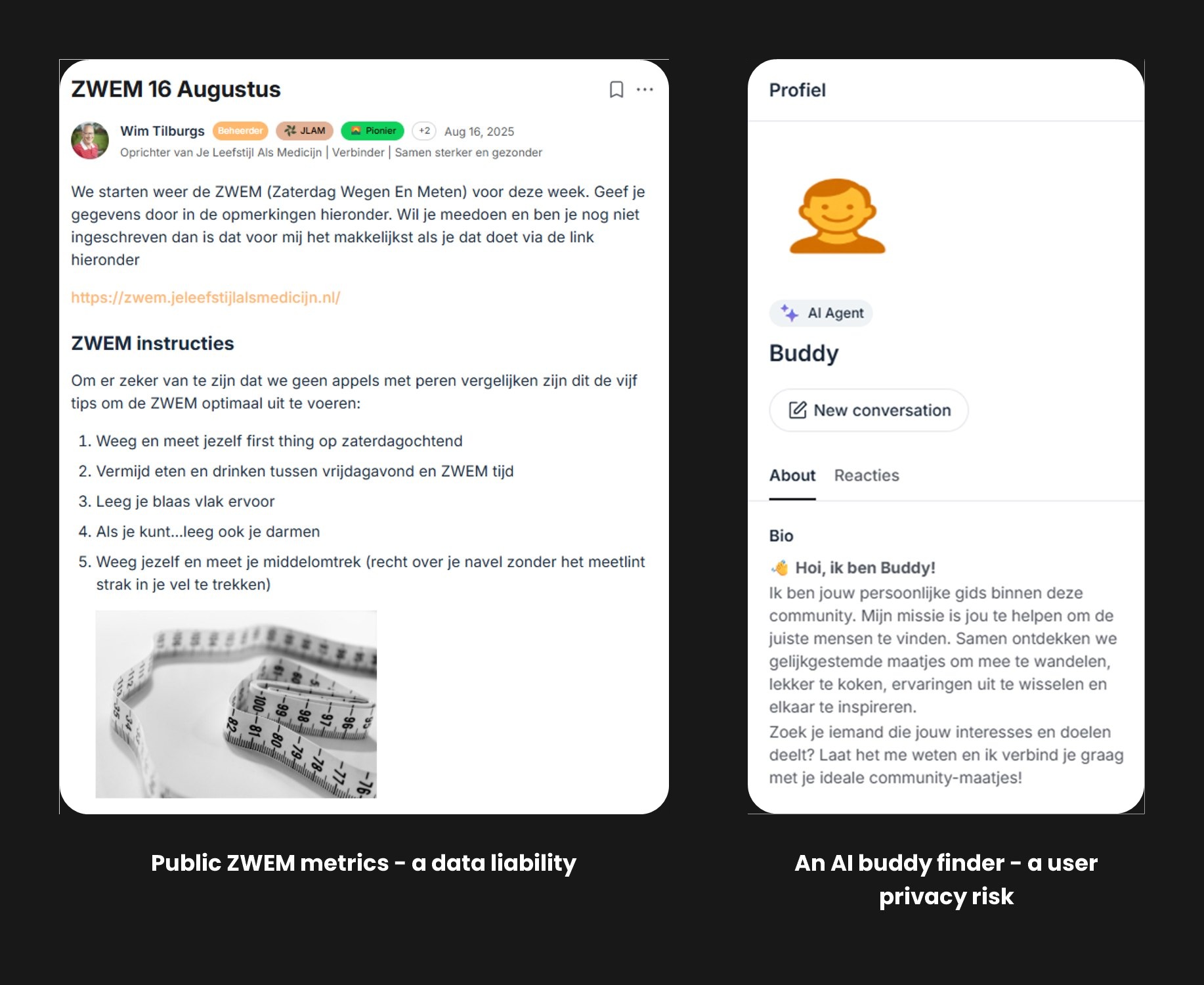 Netnography evidence: a public forum post sharing ZWEM biometrics, and the Buddy AI agent profile that matched members without meaningful consent