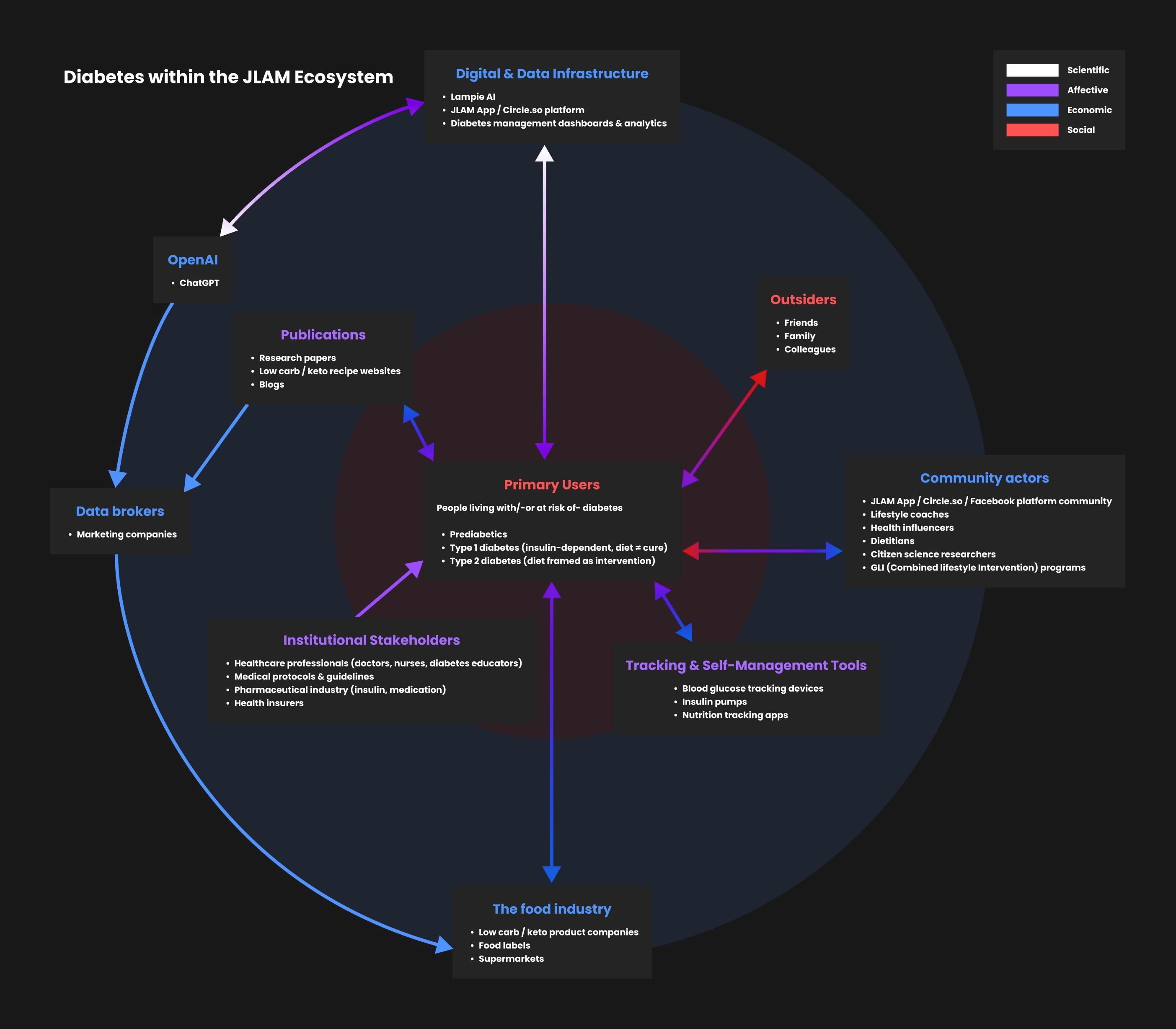 Diabetes within the JLAM ecosystem: value flows between people living with diabetes, institutional stakeholders, community actors, data brokers, publications and the food industry