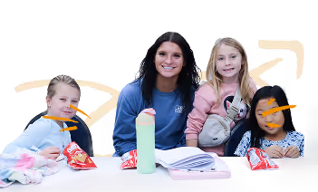 Skylark camp counselor and happy children