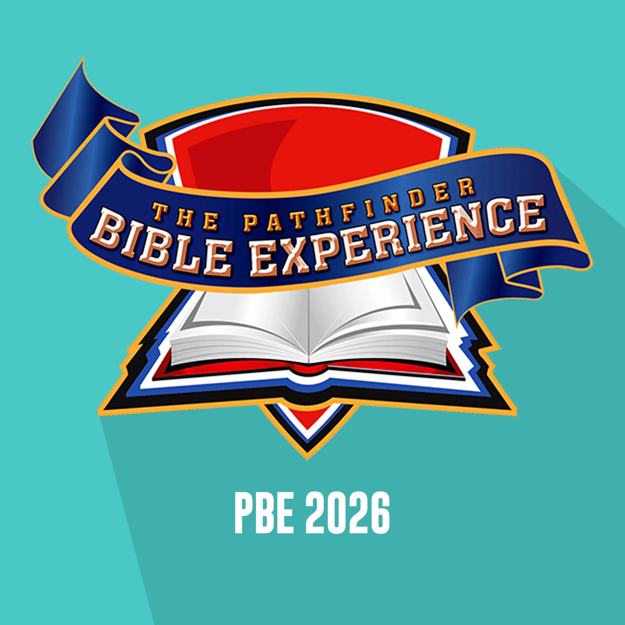 Logo of The Pathfinder Bible Experience featuring an open book with a blue ribbon and text 'THE PATHFINDER BIBLE EXPERIENCE', and 'PBE 2026' below on a teal background.