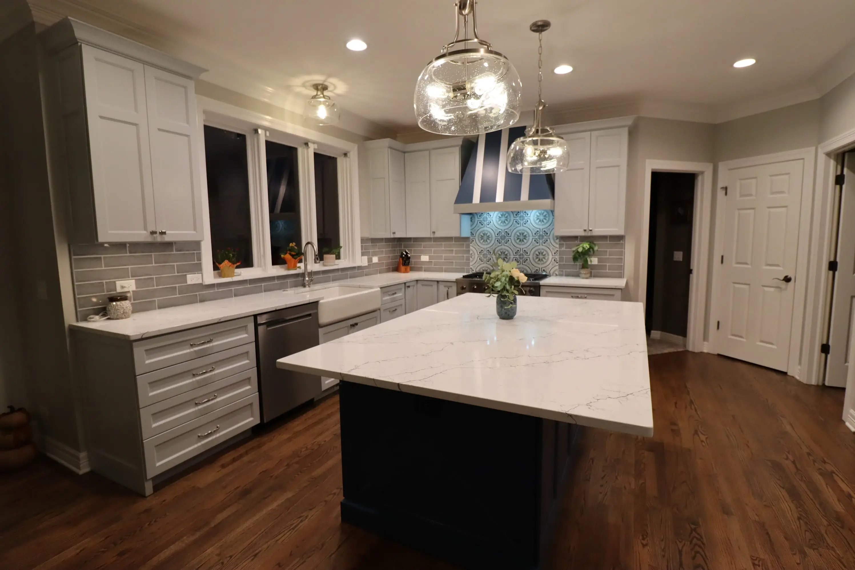 Elegant bathroom remodel in Geneva, IL featuring a freestanding tub and glass shower