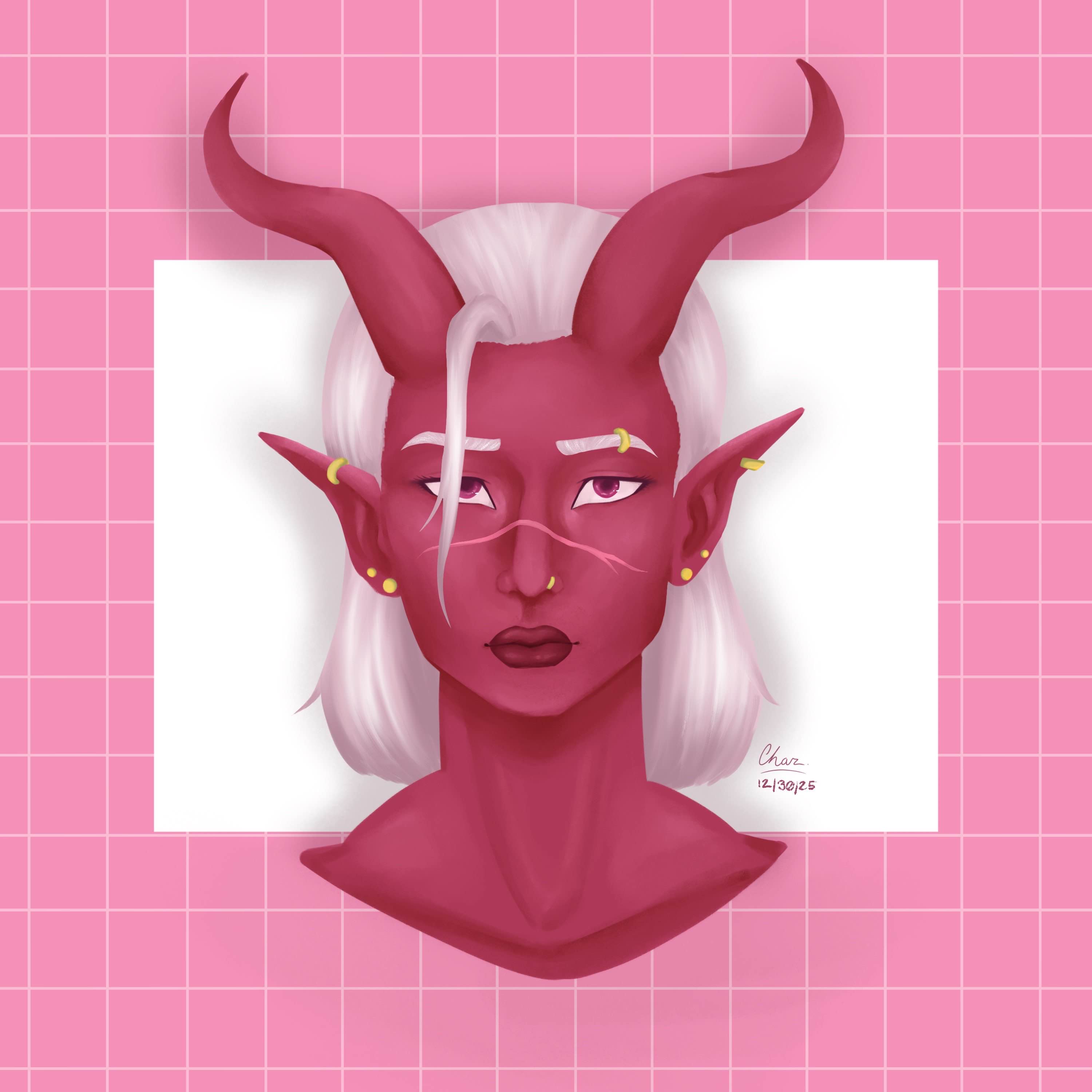 Sketch of the blue haired half elf holding a cat