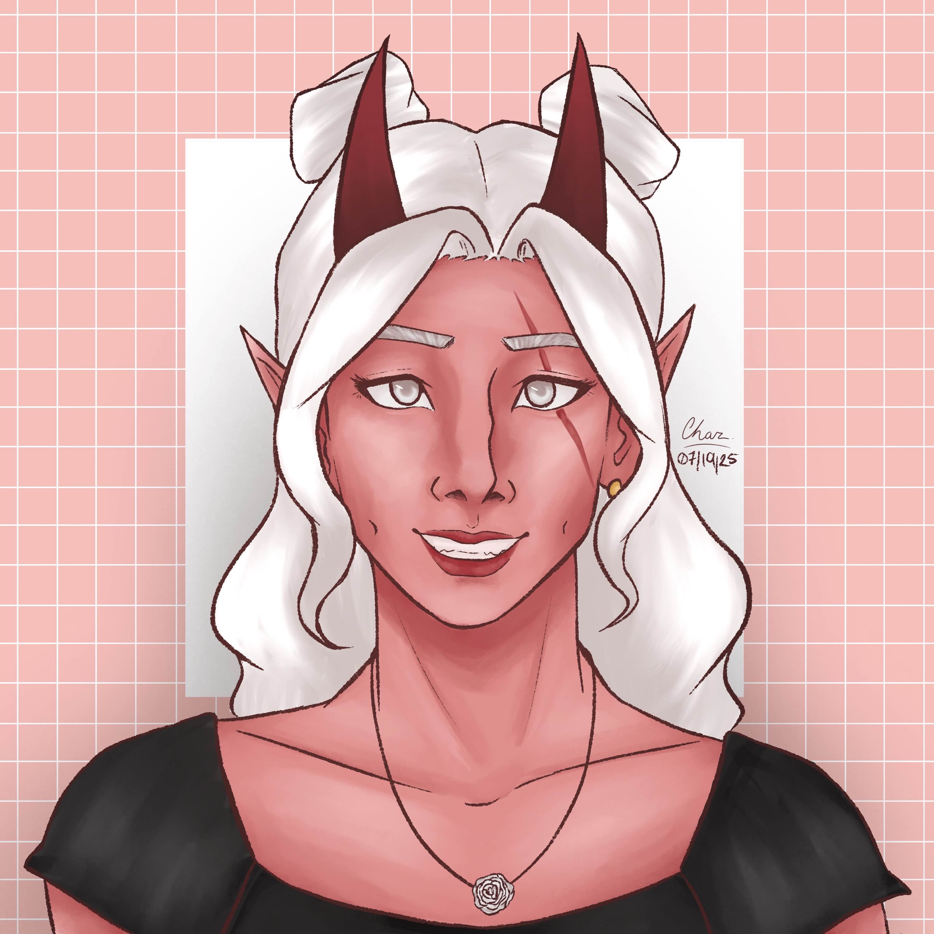 Full body sketch with descriptors on the choices made for her outfit