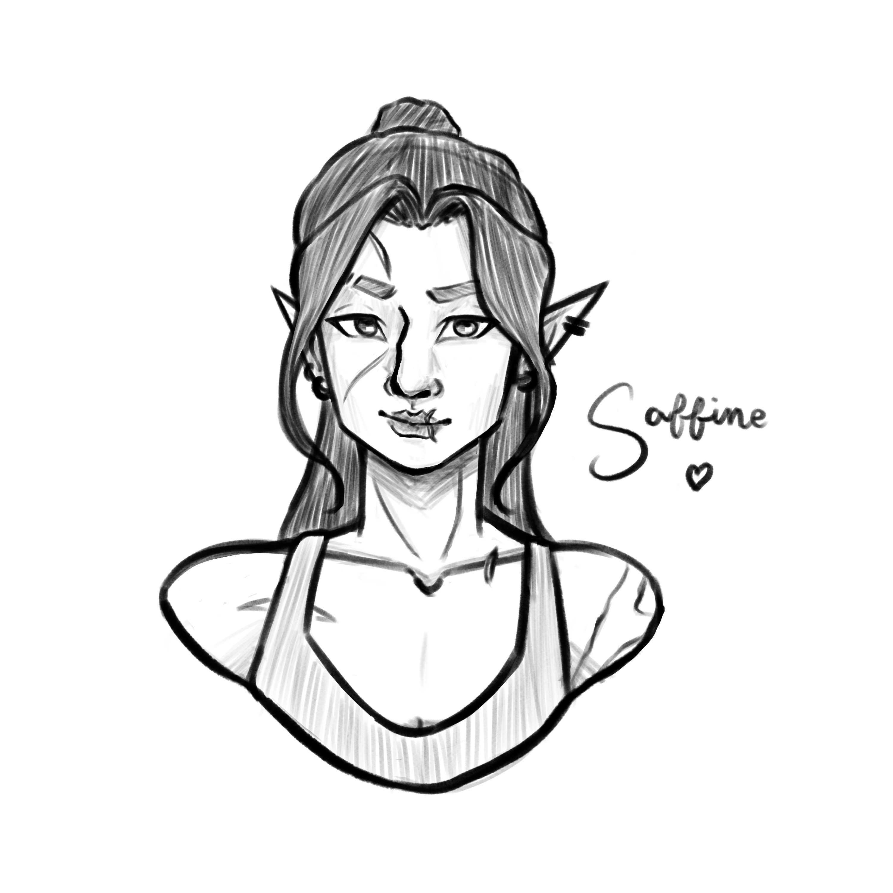 Full body sketches of preliminary outfit designs for the blue haired half elf