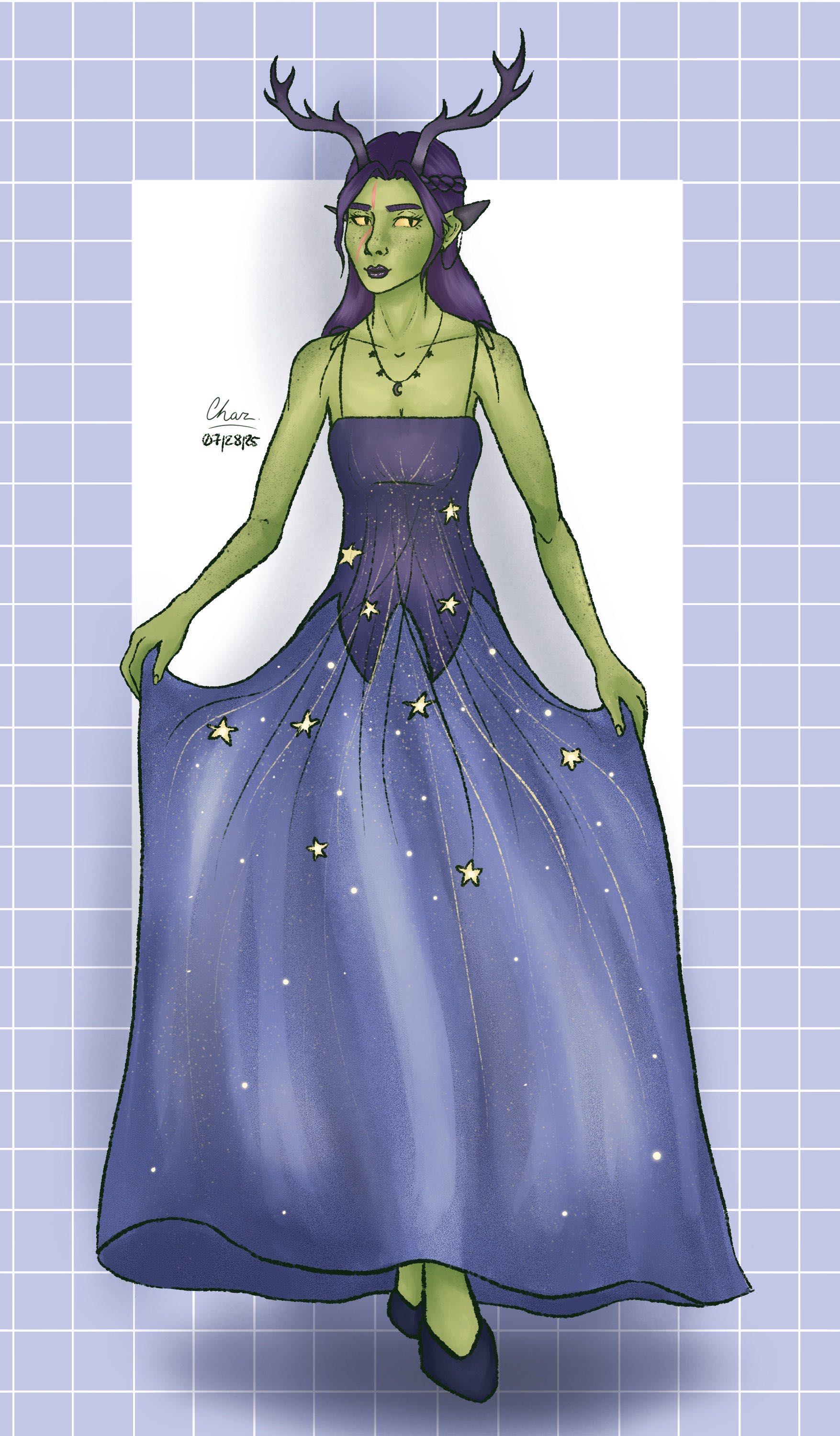 Full body illustration of a sorcerer kenku man adorned with clock motifs holding a magic broomstick