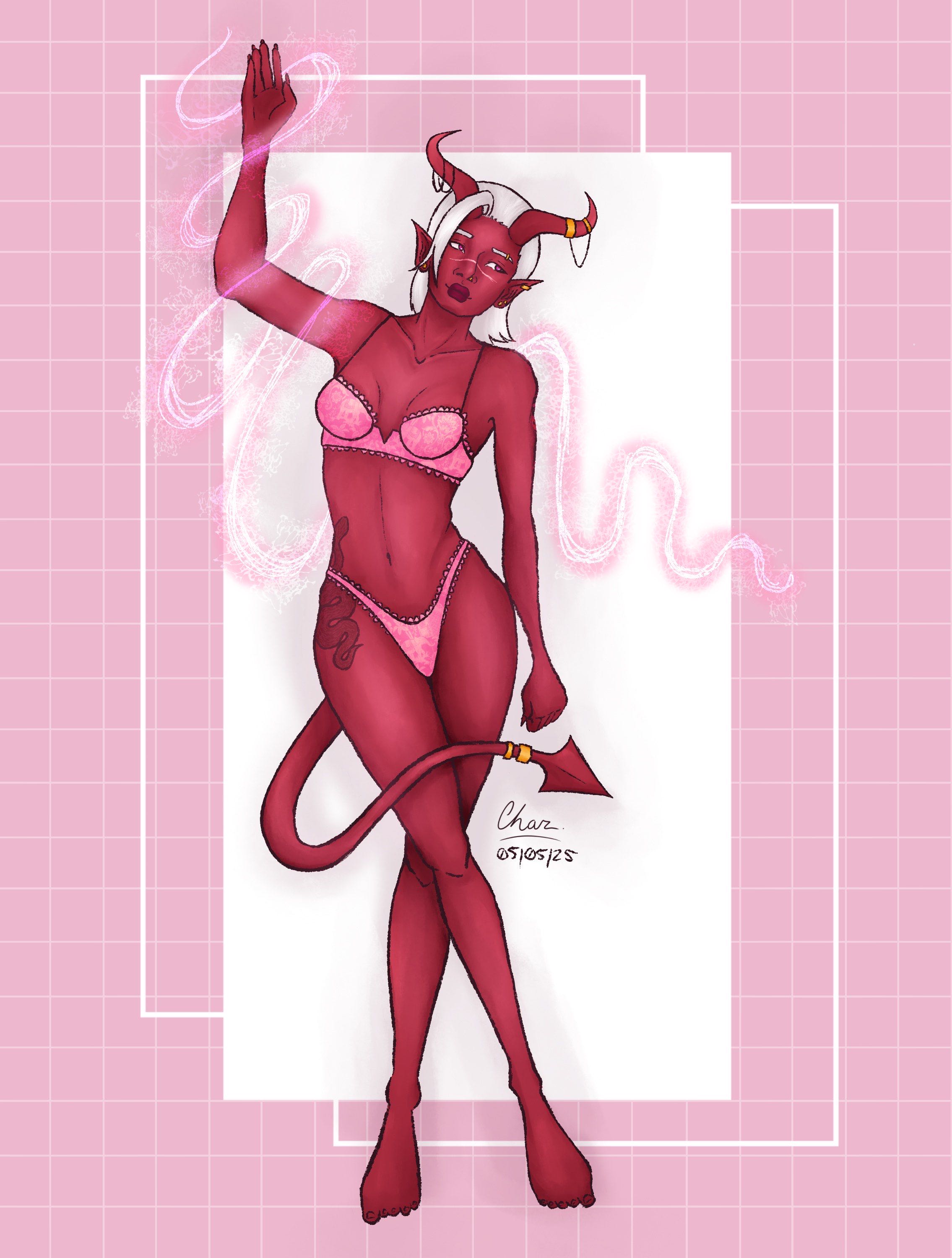 Full body illustration of a crimson skinned Tiefling woman conjuring magic in her palms