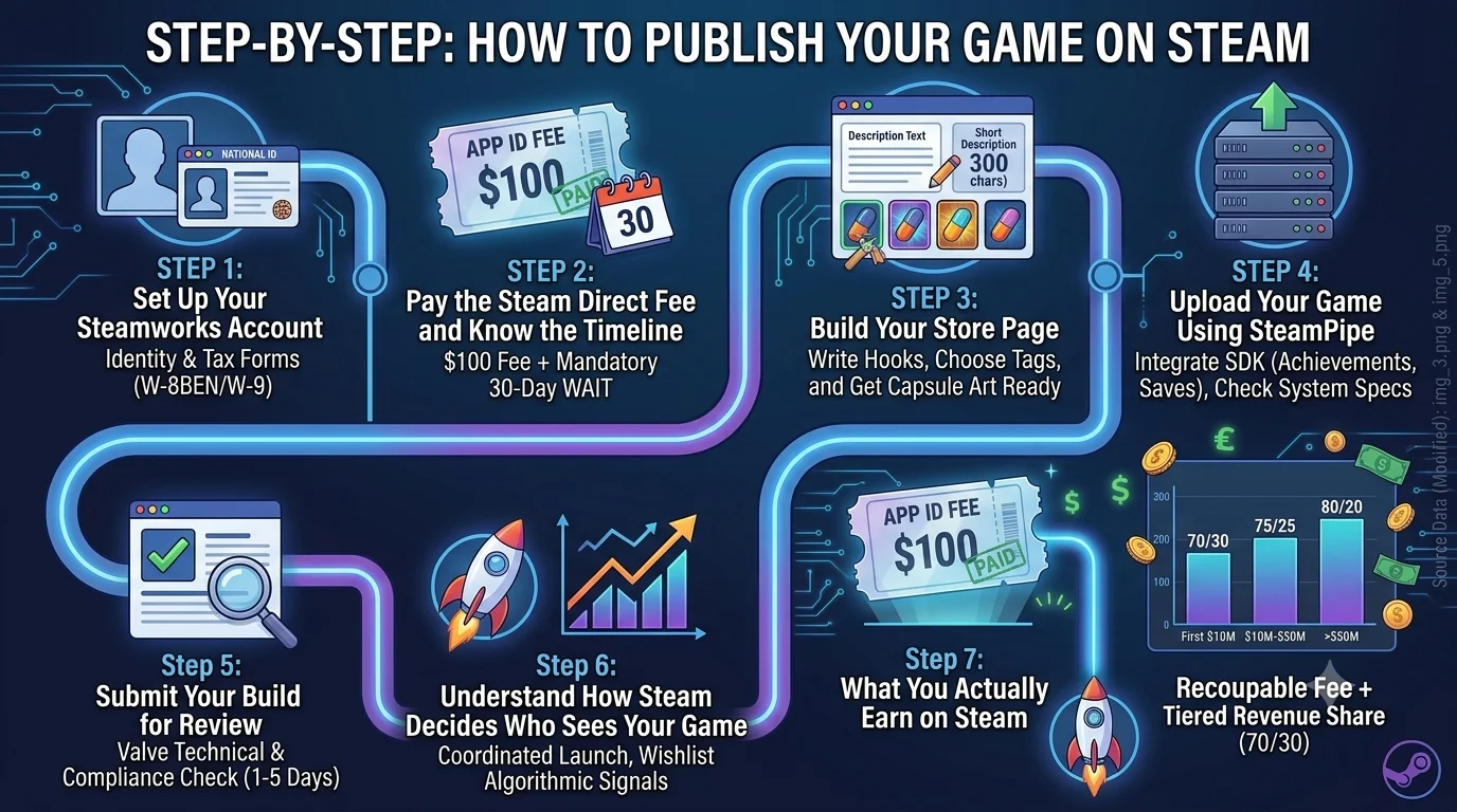 Overview of the Steam publishing timeline, costs, and launch.