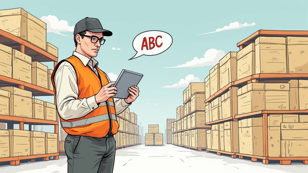 Une personne dans un entrepôt utilisant une tablette pour vérifier l'inventaire.