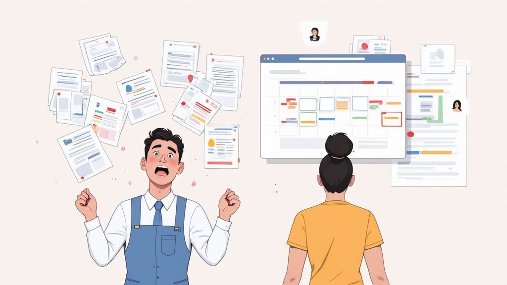 Femme manager utilisant une tablette pour gérer les plannings de son équipe dans un café.