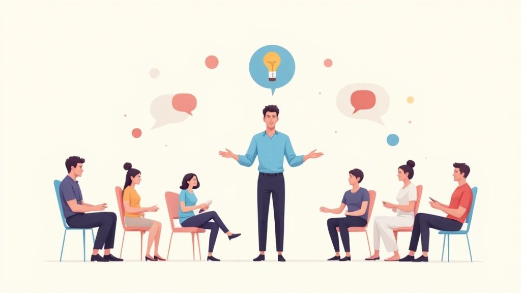 Une formatrice animant une session de formation interactive avec un groupe de participants engagés.