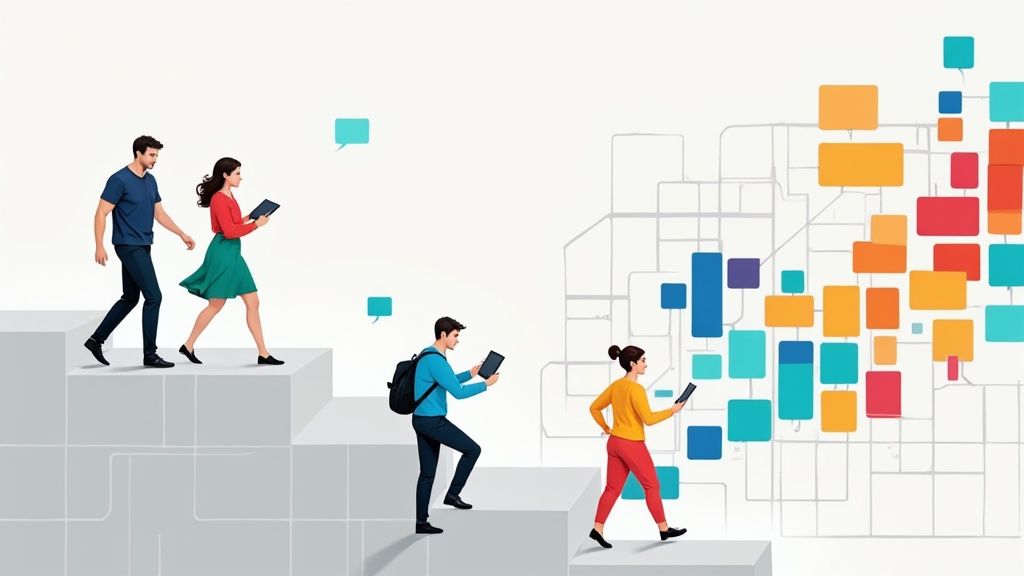 Une personne travaillant sur un ordinateur portable avec des icônes technologiques flottant autour.