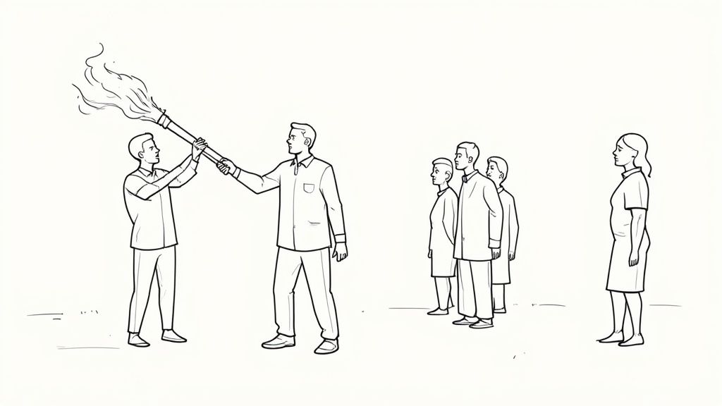 Une équipe discutant autour d'un bureau avec des écrans montrant des graphiques et des données.