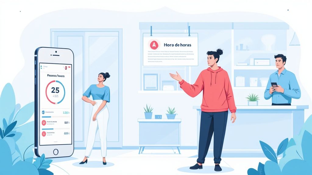 Un empleado sonriente utiliza una tableta para registrar sus horas, con un fondo de un entorno de trabajo organizado.