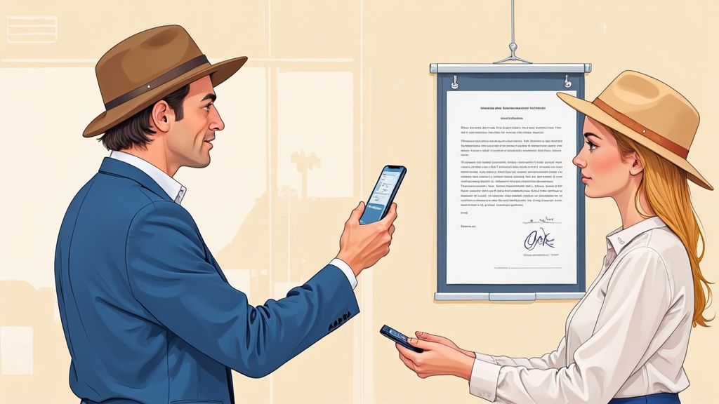 Un manager et un employé examinant un contrat sur une tablette dans un café.