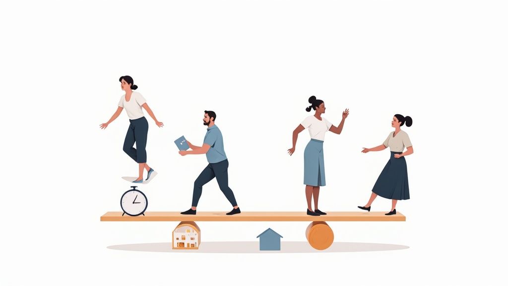 Illustration de la flexibilité des horaires de travail avec des horloges et des employés souriants