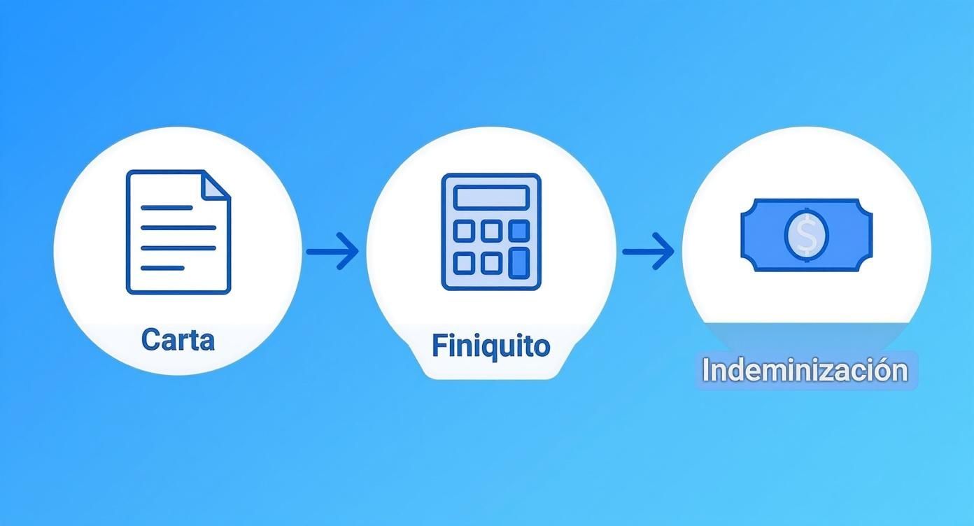 Infografía que muestra el proceso de despido en tres pasos: entrega de la carta, cálculo del finiquito y pago de la indemnización.