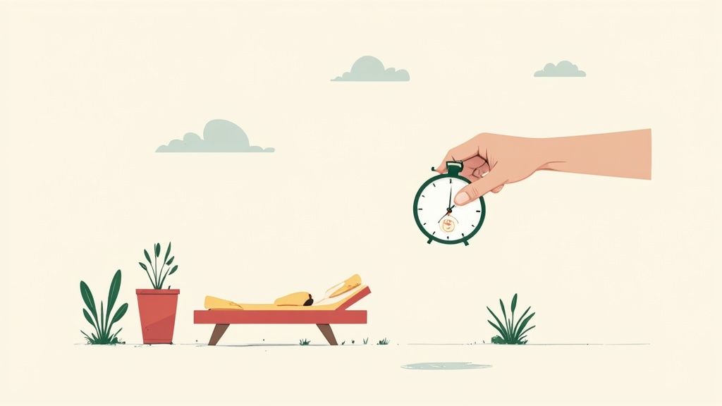 Un empleado de oficina sonriendo mientras disfruta de una taza de café durante su pausa, con un entorno de trabajo luminoso y moderno al fondo.