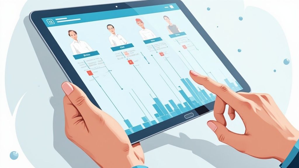 Une personne utilisant un logiciel de planning sur un ordinateur portable dans un restaurant